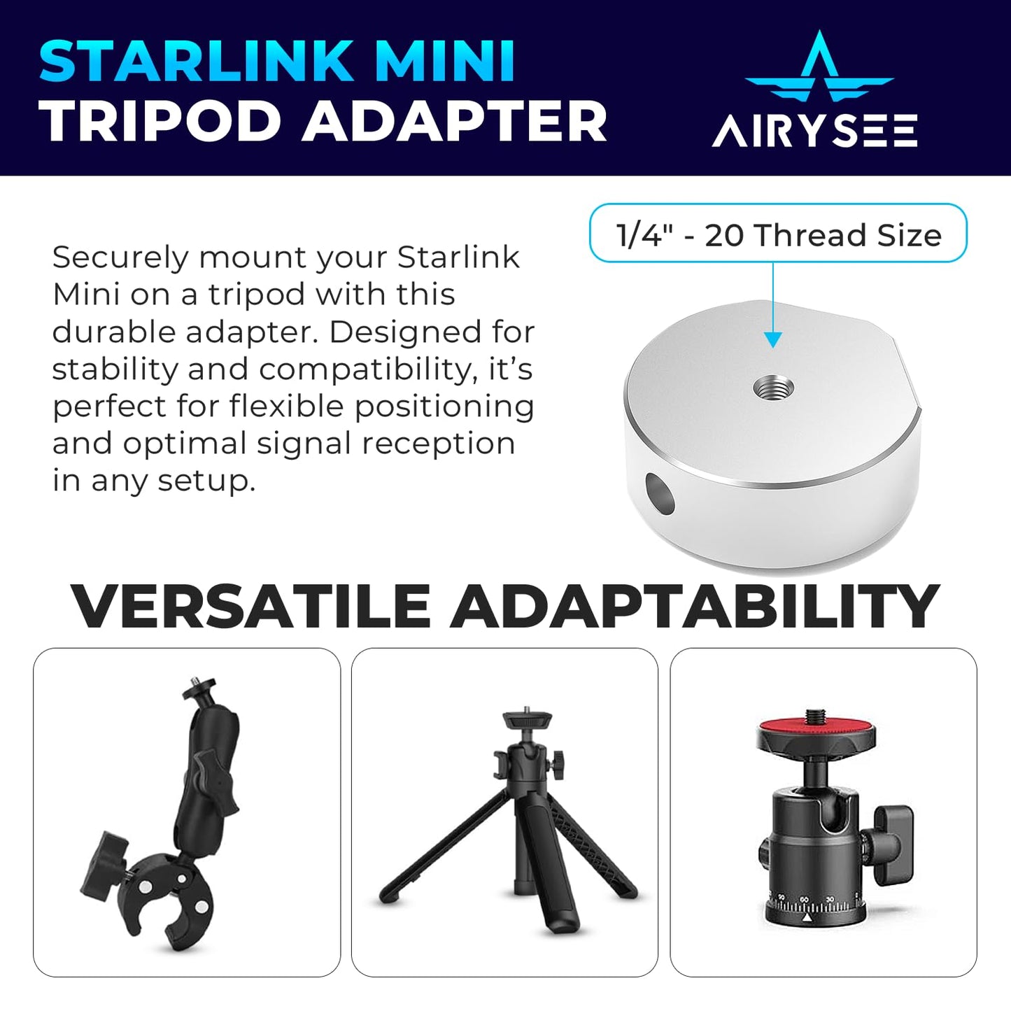 Starlink Mini Tripod Adapter, 1:1 Unique Fit AIRYSEE Aluminum Alloy Tripod Mount Base Adapter for Starlink Mini Accessories- 1/4"~20 and 3/8"~16
