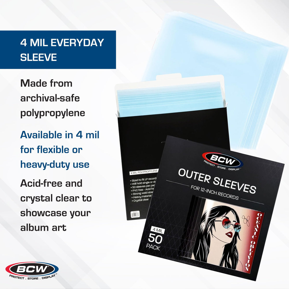 BCW 12-Inch Record Sleeves - 4 Mil Blue-Tinted (50 ct) | Archival Anti-Static Vinyl Record Outer Sleeves | Protects 12" LP Jackets from Fading & Wear