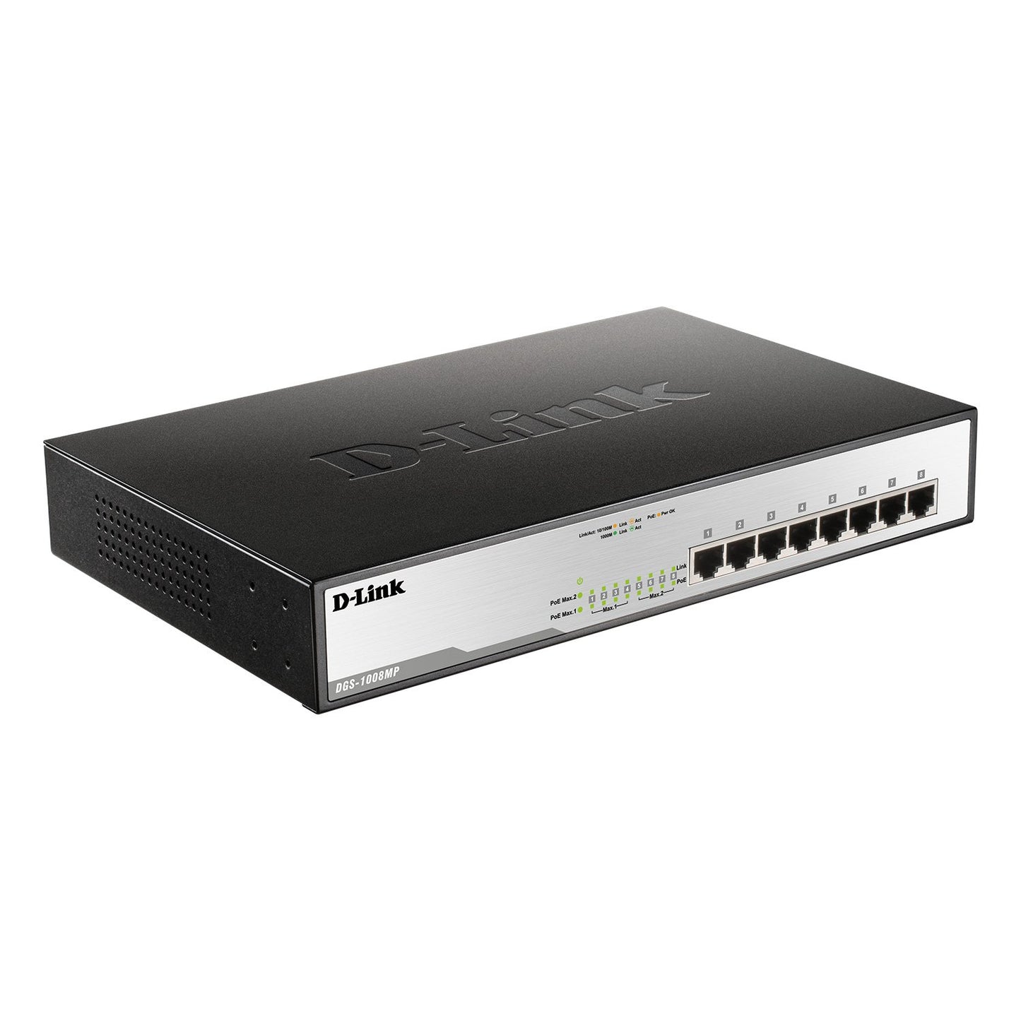 D-Link DGS-1008MP 8-Port Gigabit Unmanaged Metal Desktop Switch with 8 PoE+ Port - Up to 30 W per Port with 125 W PoE Budget