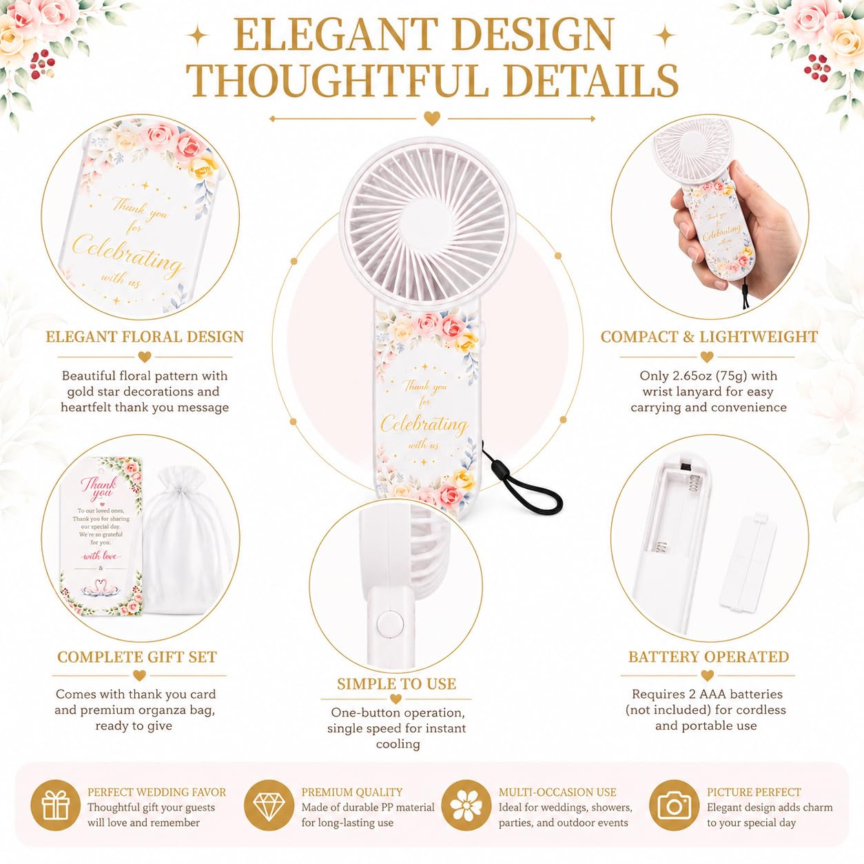 QORBVYNEIX 36 Set Wedding for Guests Bulk,Portable Mini Handheld Fans with Cards & Bags for Bridal Shower,Birthday Party,Summer Outdoor Favors