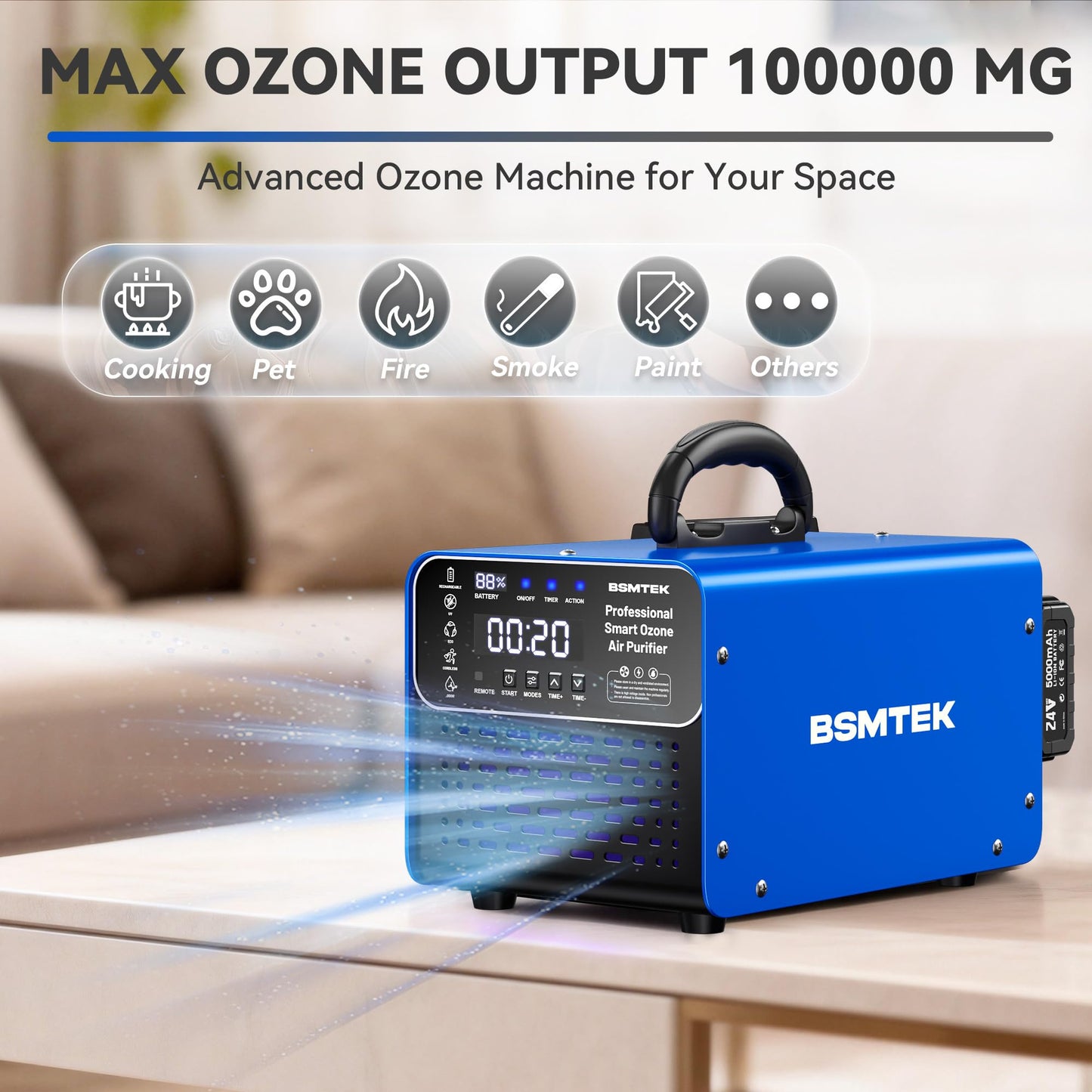 BSMTEK Cordless Ozone Generator with 2X 5000mAh Battery & Quick Charger, 24V Professional Grade Ozone Machine, Deodorizer, With Remote Control