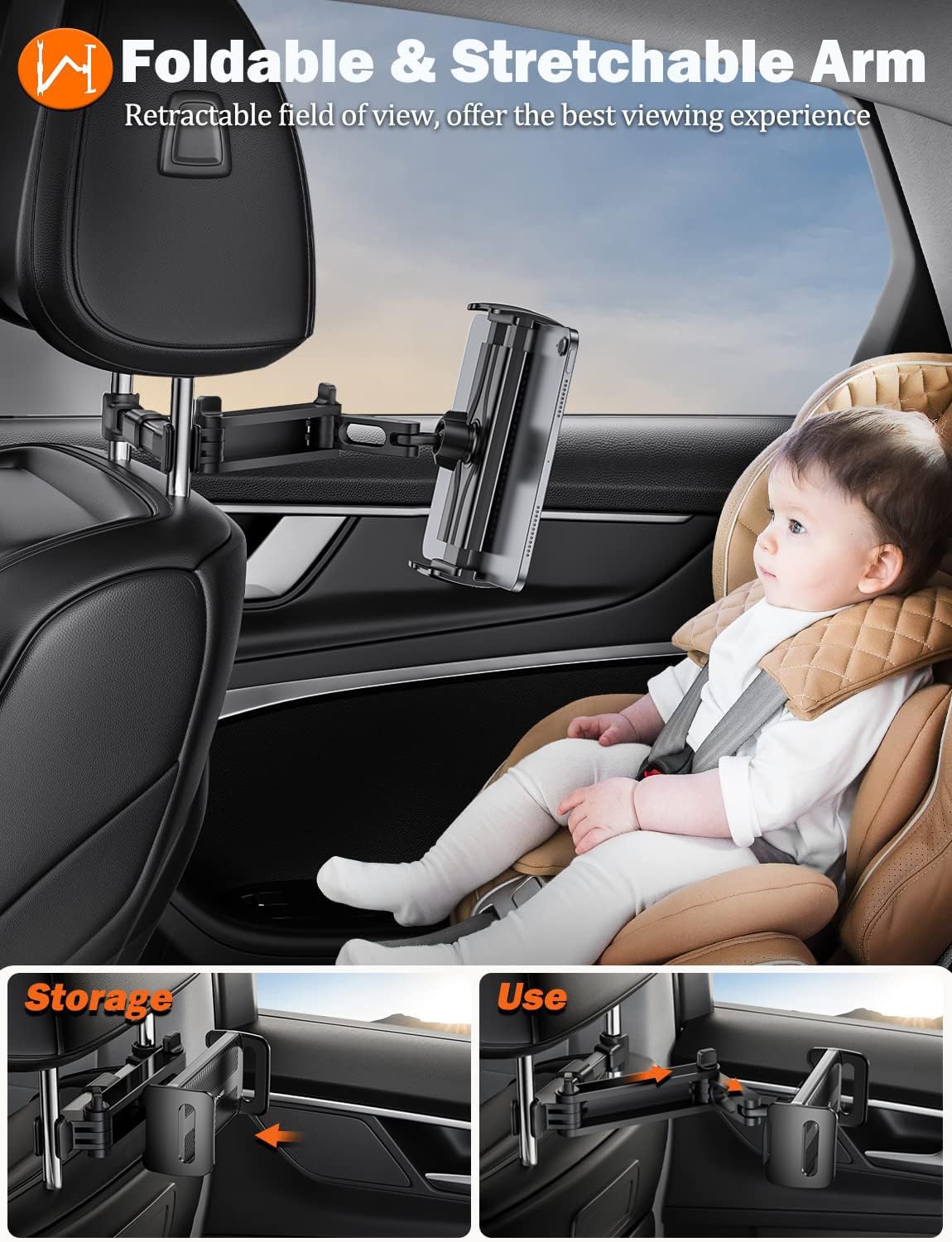 Tryone Car Headrest Tablet Holder Mount Stretchable Backseat Tablets Stand for Kids, Car Seat Mounts Compatible with iPad Pro 12.9 Air Mini, iPhone