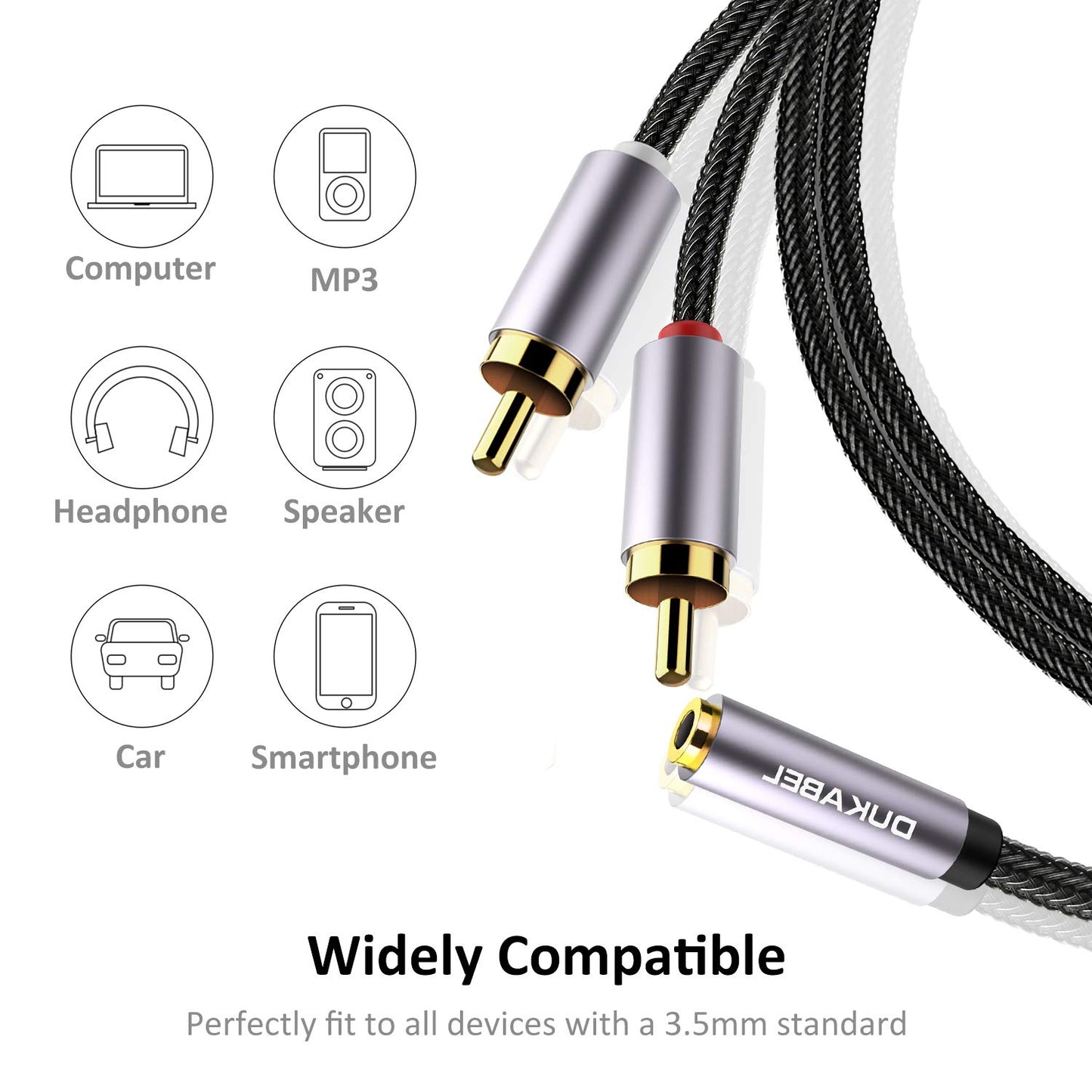 DUKABEL 3.5mm Female to 2 RCA Stereo Adapter, 3.5mm Stereo Audio Jack to 2 RCA Male Plugs to Headphone 3.5 Y Adapter Cable for Smartphones, MP3