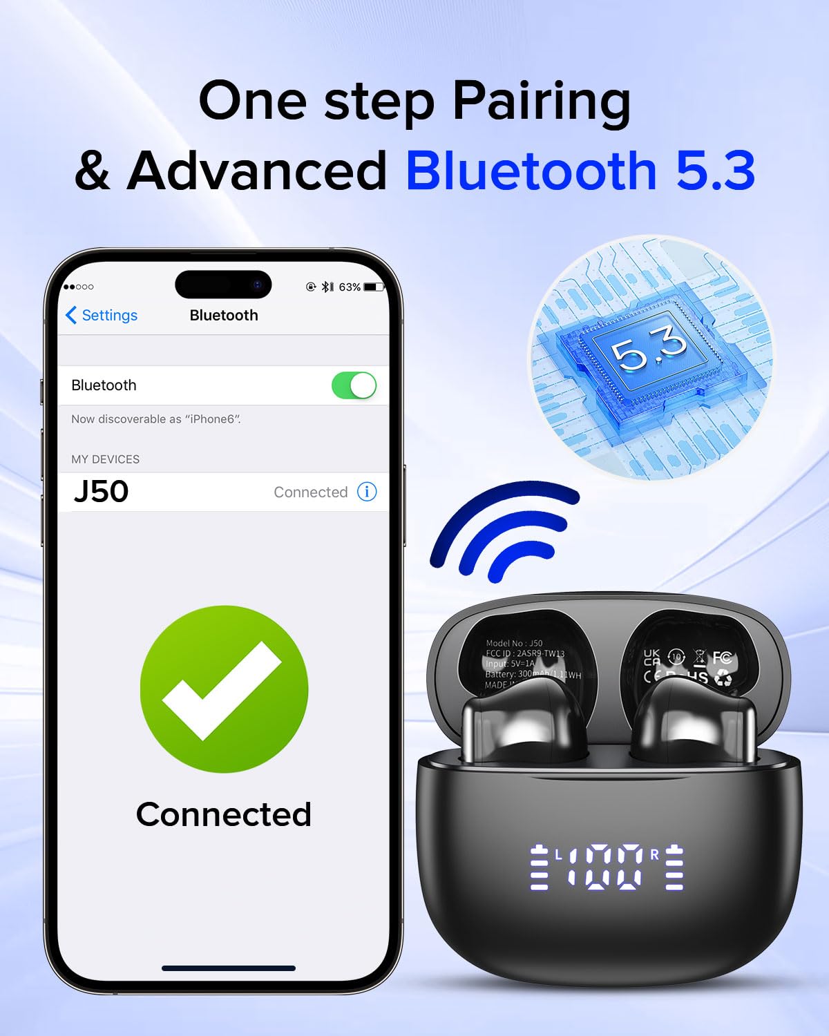 Aiearbu Wireless Earbuds, Bluetooth 5.3 Headphones, 48H LED Display Ear Buds, Bluetooth Earbuds with Noise Cancelling Mic, Hi-Fi Stereo, IP7