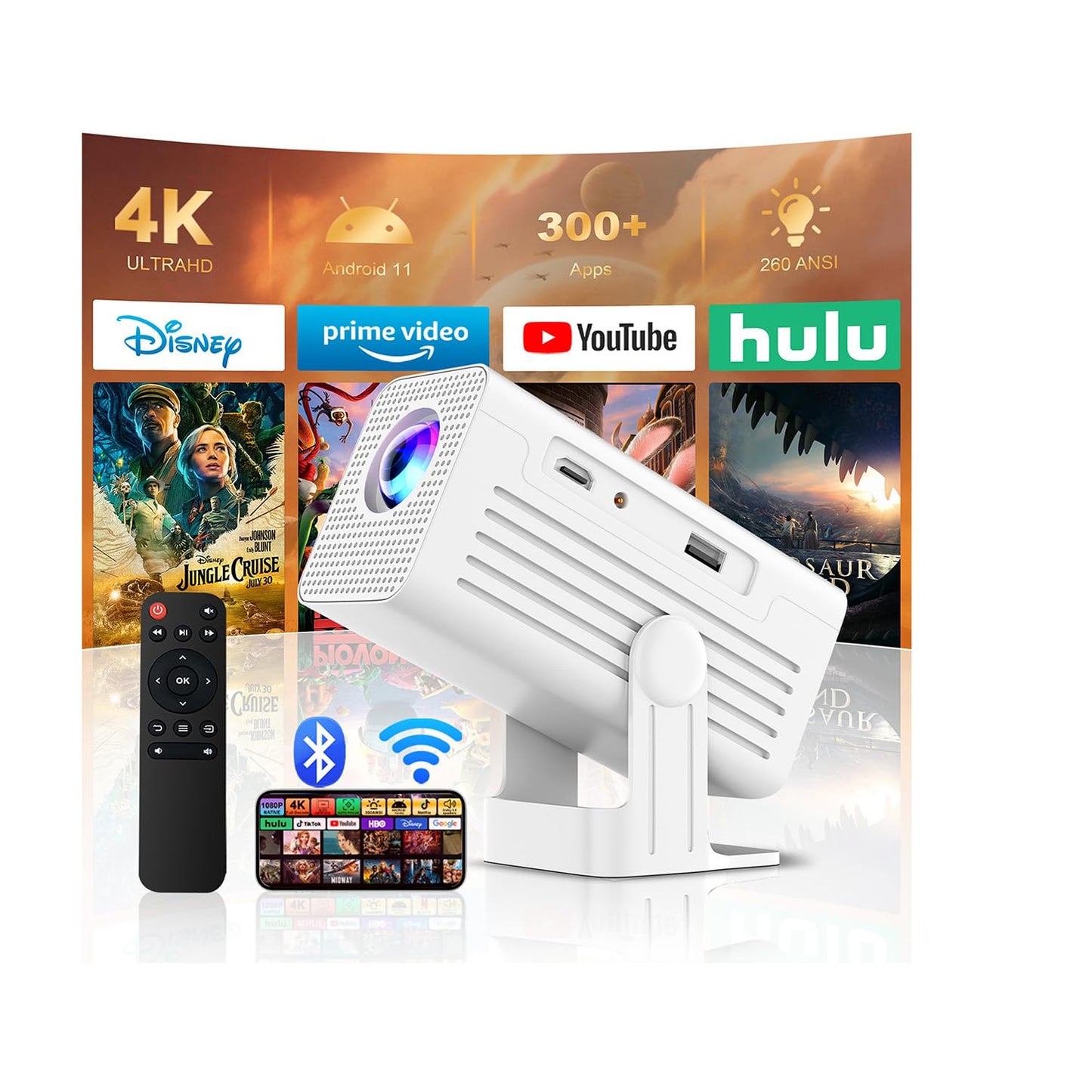 [Smart Projector with Apps] 4K Supported Mini Projector with Wifi and Bluetooth, XENPONAD Movie Projector for Bedroom Celling Camping & Outdoor Use