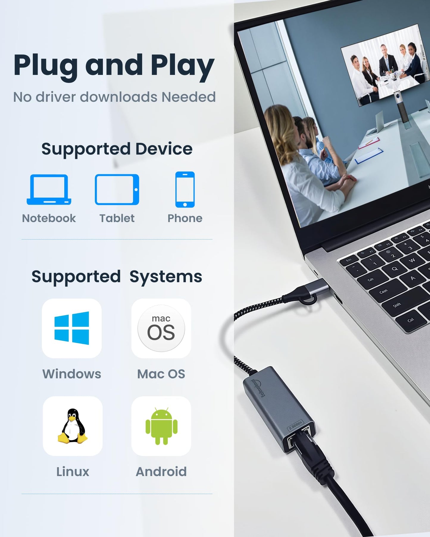 eqimaimai 2.5G USB Ethernet Adapter 2-in-1, Aluminum Fast USB-C&USB-A to RJ45 Network Adapter Compatible with Laptop/PC, Windows, Mac, Linux,Plug