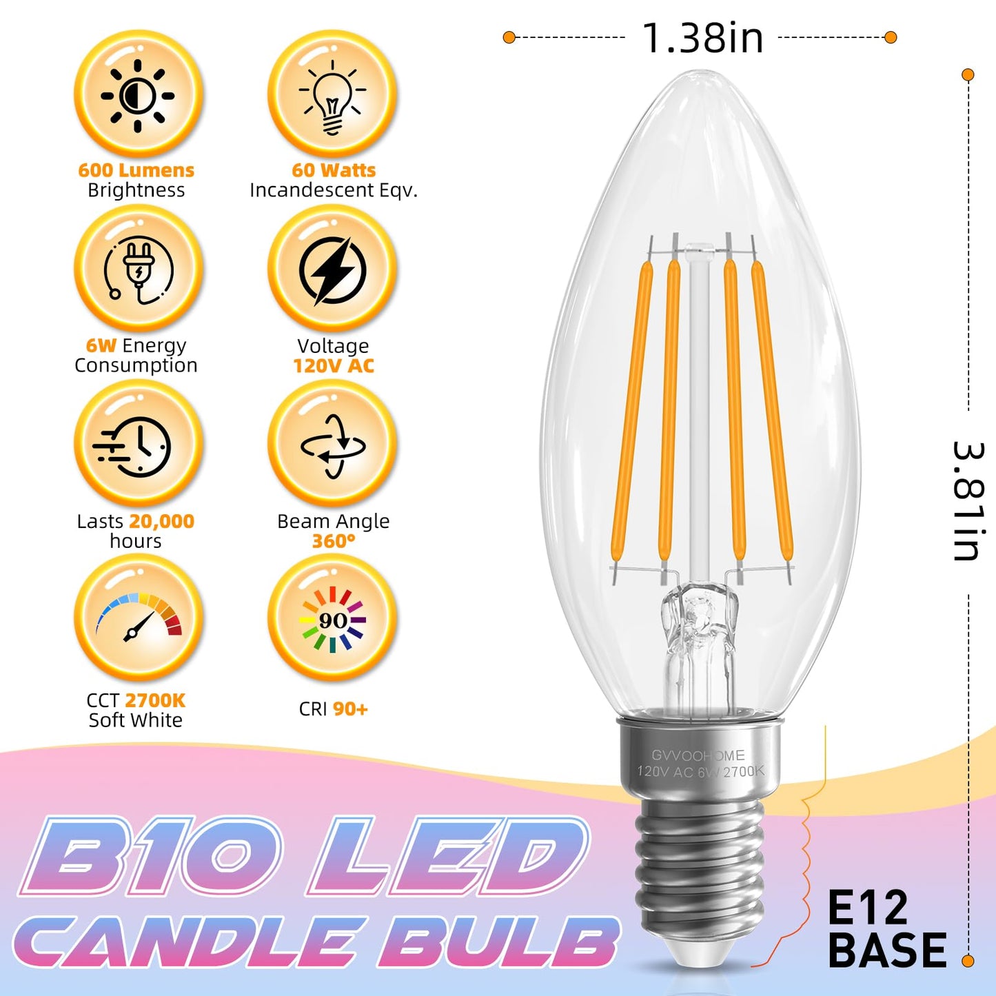 E12 Candelabra Bulb 2700K Soft White, 60W Equivalent, E12 LED Bulb