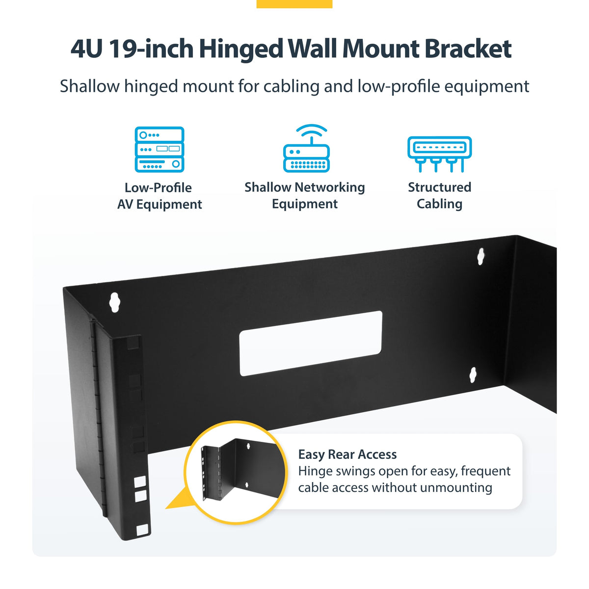 StarTech.com 4U Hinged Wall Mount Patch Panel Bracket - 6 inch Deep - 19" Patch Panel Swing Rack for Shallow Network Equipment- 33lbs (WALLMOUNTH4)