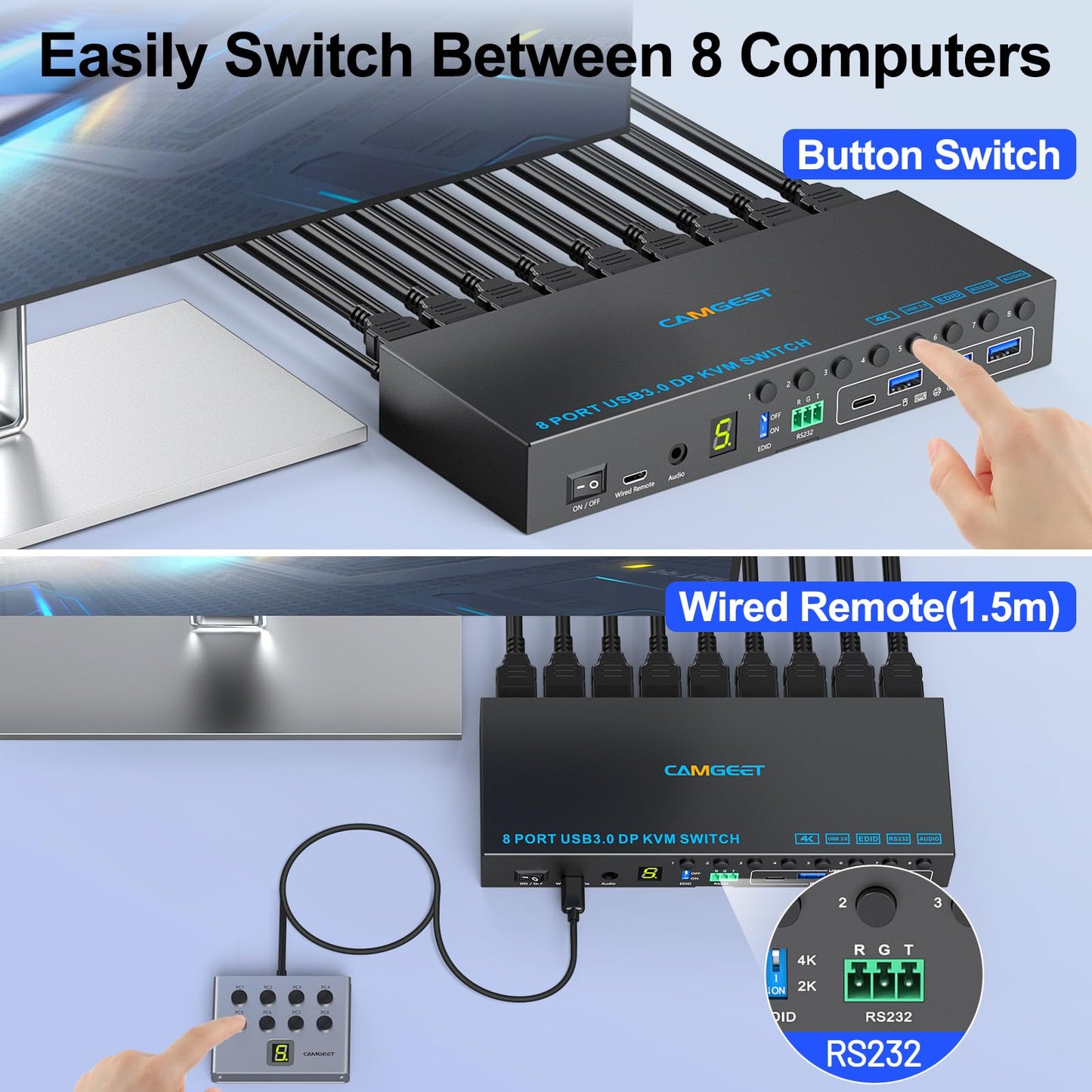 8 Port Displayport KVM Switch 4K@60Hz EDID Simulation, USB3.0 KVM Switch Displayport for 8 Computers Share 1 Monitor and 4 USB Devices,KVM Switches