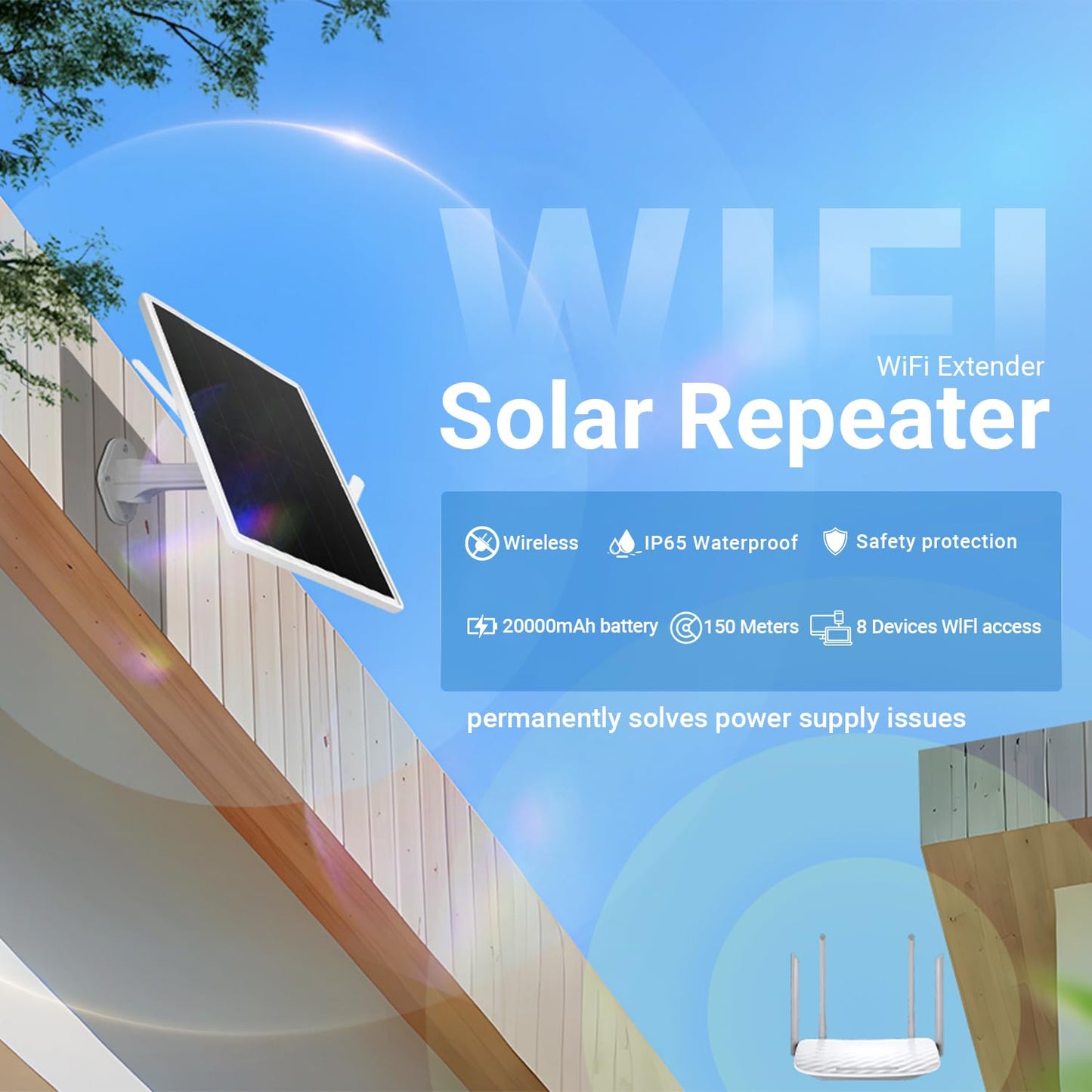 Orayafid Solar Outdoor Repeater,Weatherproof Wi-Fi Range Extender-2.4GHz Outdoor Wireless Internet Signal Booster with Solar Power+ 20000mAh