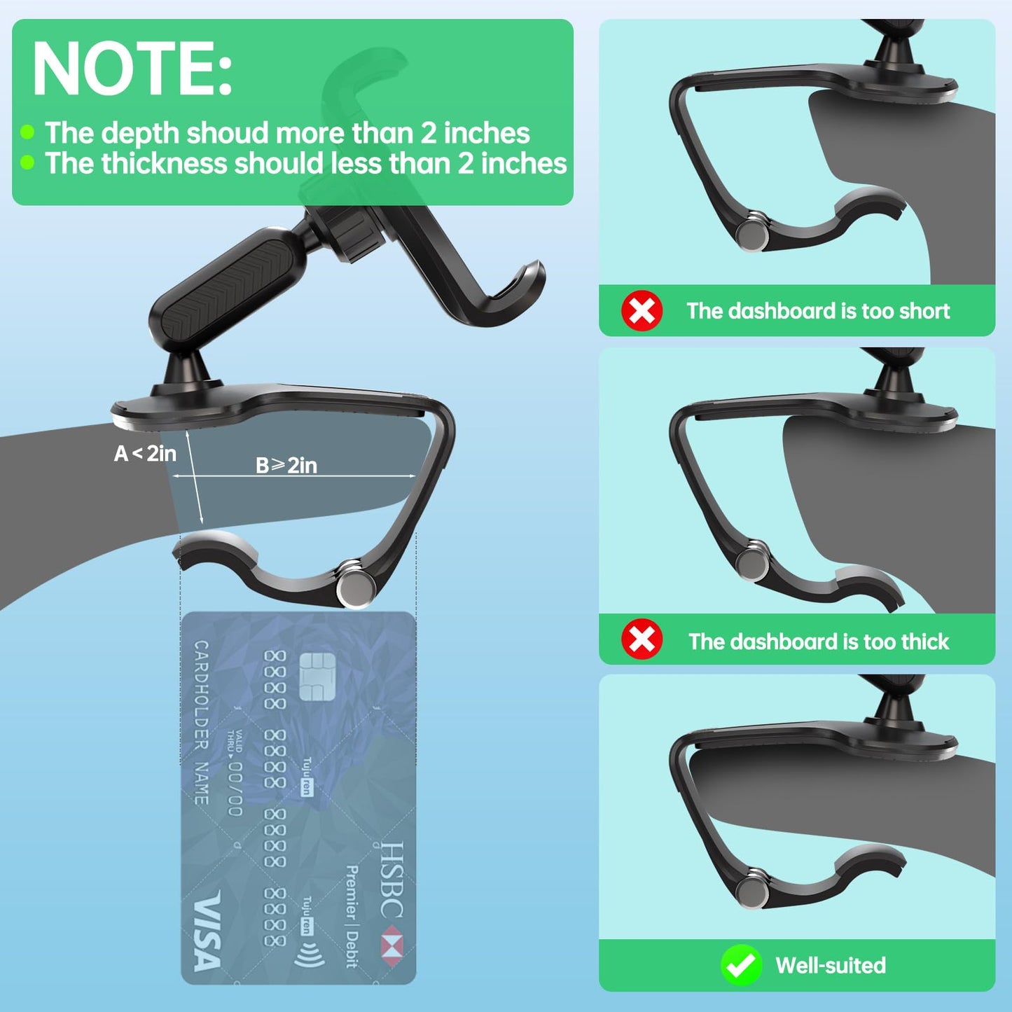 CHDFKKD Phone Mount for Car Dashboard, 360 Degree Rotation Universal Cell Phone Holder for Car Clip Mount Stand Suitable for 4 to 7" Smartphones