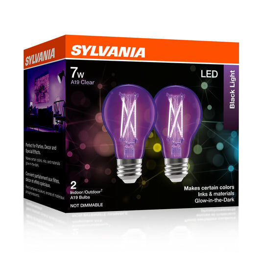 Sylvania Black Light LED Light Bulb, 7W, A19, Medium Base, Clear - 2 Pack (45052)