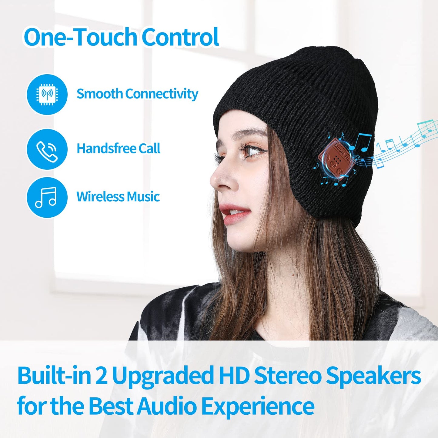 Bluetooth Beanie Hat with Headphones, Wireless Winter Hat Built in Microphone and Stereo Speakers (Black)
