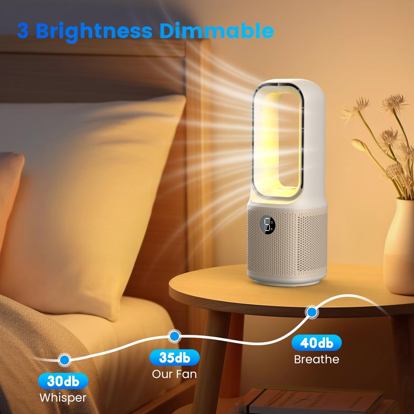 Misby Desk Fans Small Quiet, 13 Inch Bladeless Table Fan, 5 Speeds, 70° Oscillating Fan with Night Light and Timer, Desktop Cooling Fan for Bedroom