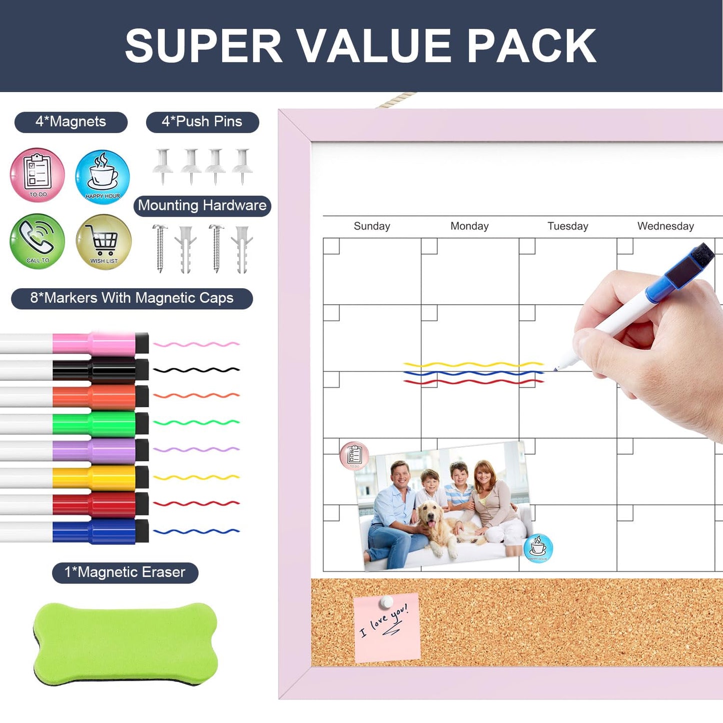 Dry Erase Calendar Cork Board Combo, 18x24 Inches Calendar Whiteboard for Wall, Magnetic White Board with Pink Wood Framed, Dry Erase Board