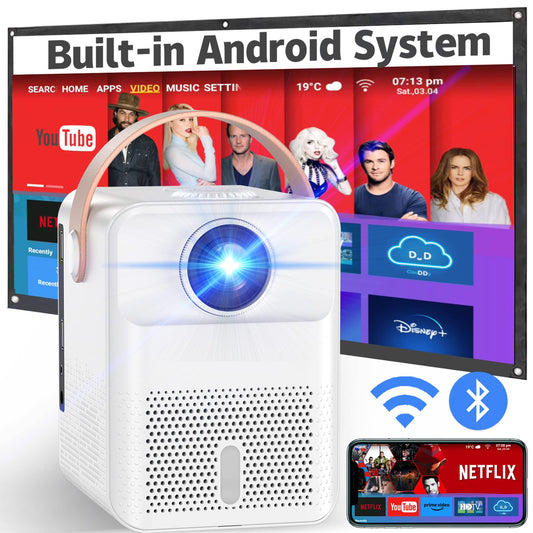 Smart Projector 4K Android System, 15000Lm Mini Projector with WiFi and Bluetooth, 4K Outdoor Projector Max 300” Digital ±45° 4D Keystone Zoom