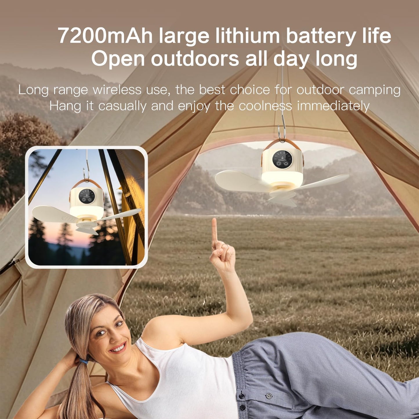 fenshine Portable Fan with Remote, 7200mAh Low Noise USB Fan 4 Speeds & 3 Warm Lights, Hanging Travel Fan with Timer, for Workshop Dorm Room Bedroom