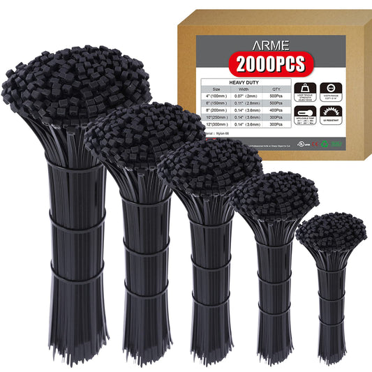 Arme Heavy Duty Zip Ties?2000 QTY/Pack Black Cable Zip Ties, Cable Zip Ties Nylon Self-Locking Black Ties,High-Strength Cable Zips Ties Assorted Sizes