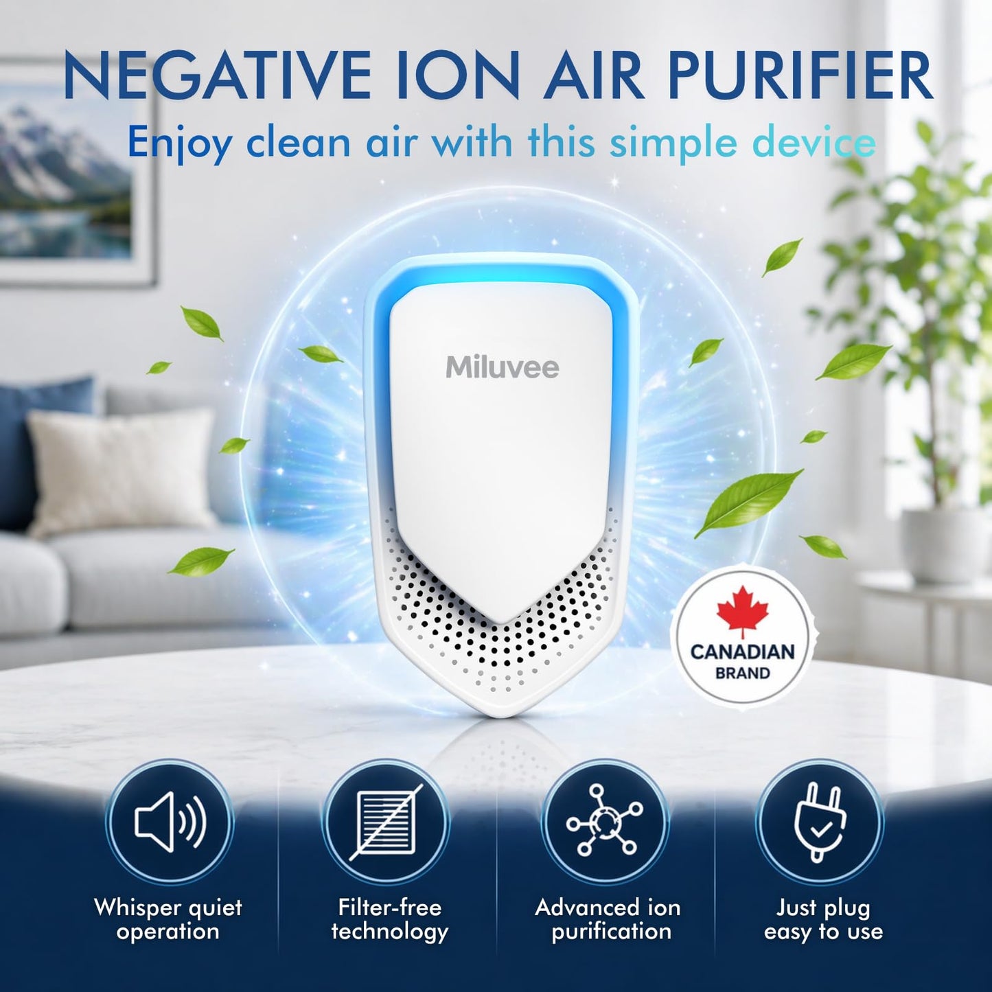 Miluvee Premium Plug In Air Purifier (2 Pack), Negative Ion Technology for Bedroom, Bathroom, Kitchen & Office | Quiet & Compact Home Air Cleaner