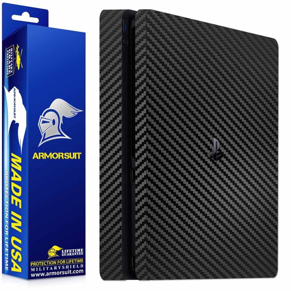 ArmorSuit MilitaryShield Black Carbon Fiber Skin Wrap Film + HD Clear Screen Protector for Sony PlayStation 4 Slim - Anti-Bubble Film