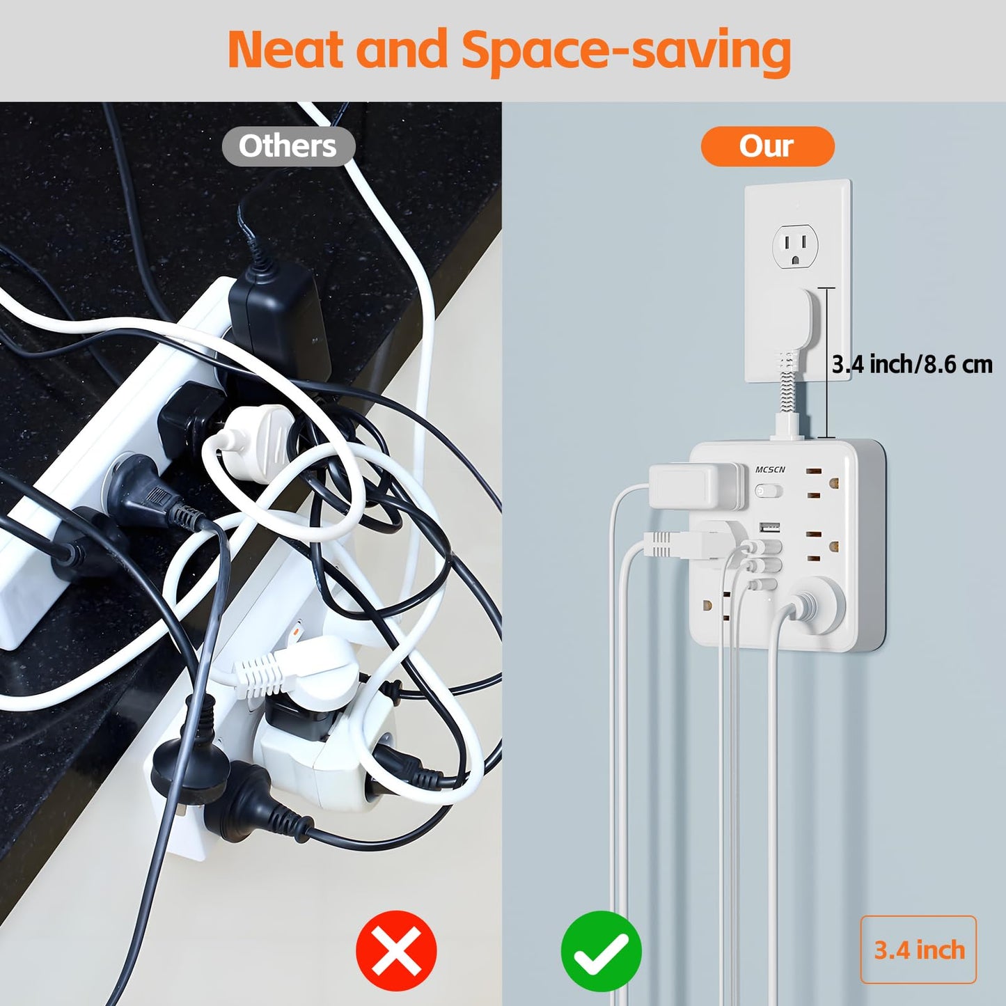 MCSCN Portable Slim Flat Plug Surge Overload Protector Power Strip Wall Outlet with 6 AC Power Outlets 4 USB(1C) for Home Office Dorm Travel