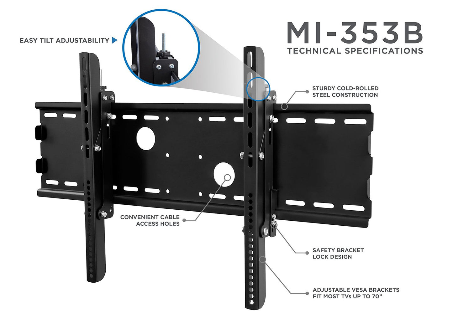 Mount-It! Tilting TV Wall Mount Bracket with UL Certification for Wall Mounting LCD/LED/Plasma 37” - 70” TVs, 165 lbs Load Capacity, Up to VESA