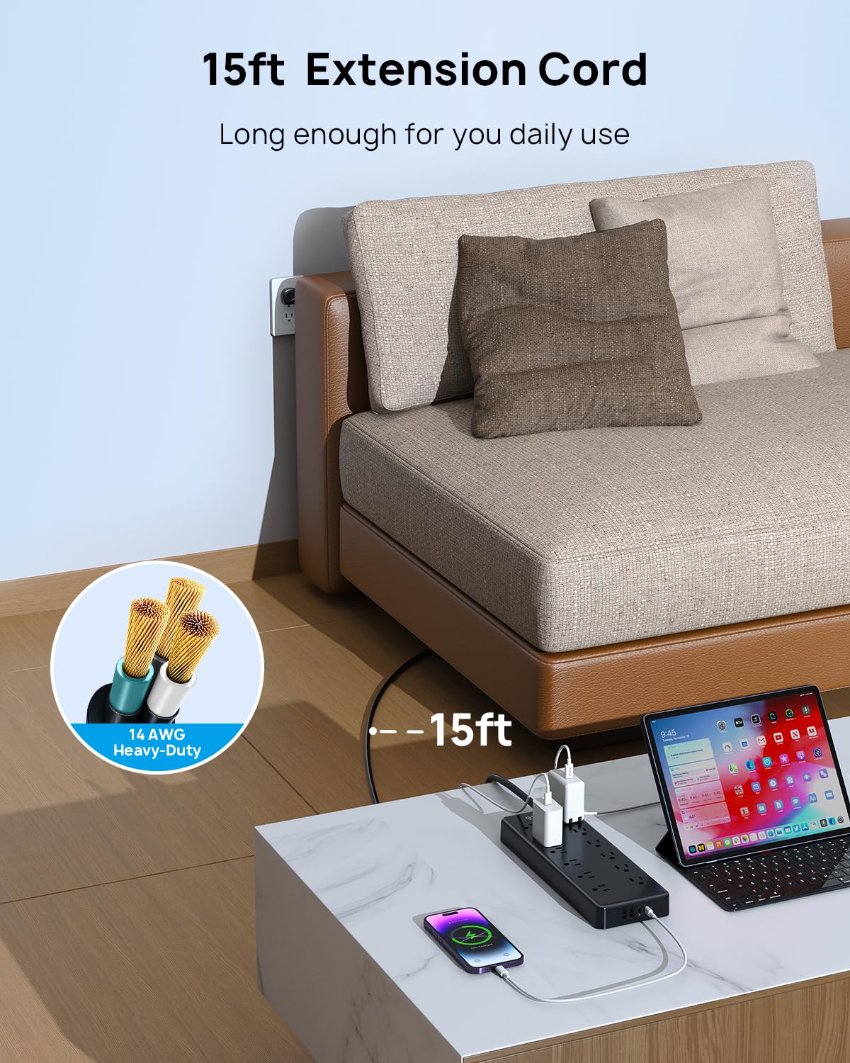 TROND Long Extension Cord 15 FT, ETL, Surge Protector Power Strip with 12 AC Outlets and 4 USB Ports, Flat Plug Power Strip, 4000J, Wall Mount