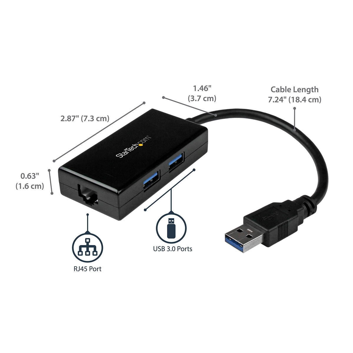 StarTech.com 2 Port USB 3.0 Hub with Ethernet - USB 3.0 x 2 - Gigabit Ethernet Network Adapter for Windows/Mac/Chrome (USB31000S2H) Black