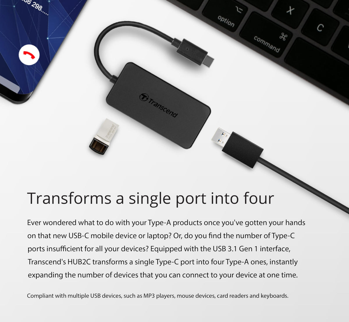 Transcend HUB2 USB 3.0 Hub, 4 Ports USA A, USB 3.1, Ultra Slim, 10cm Cable