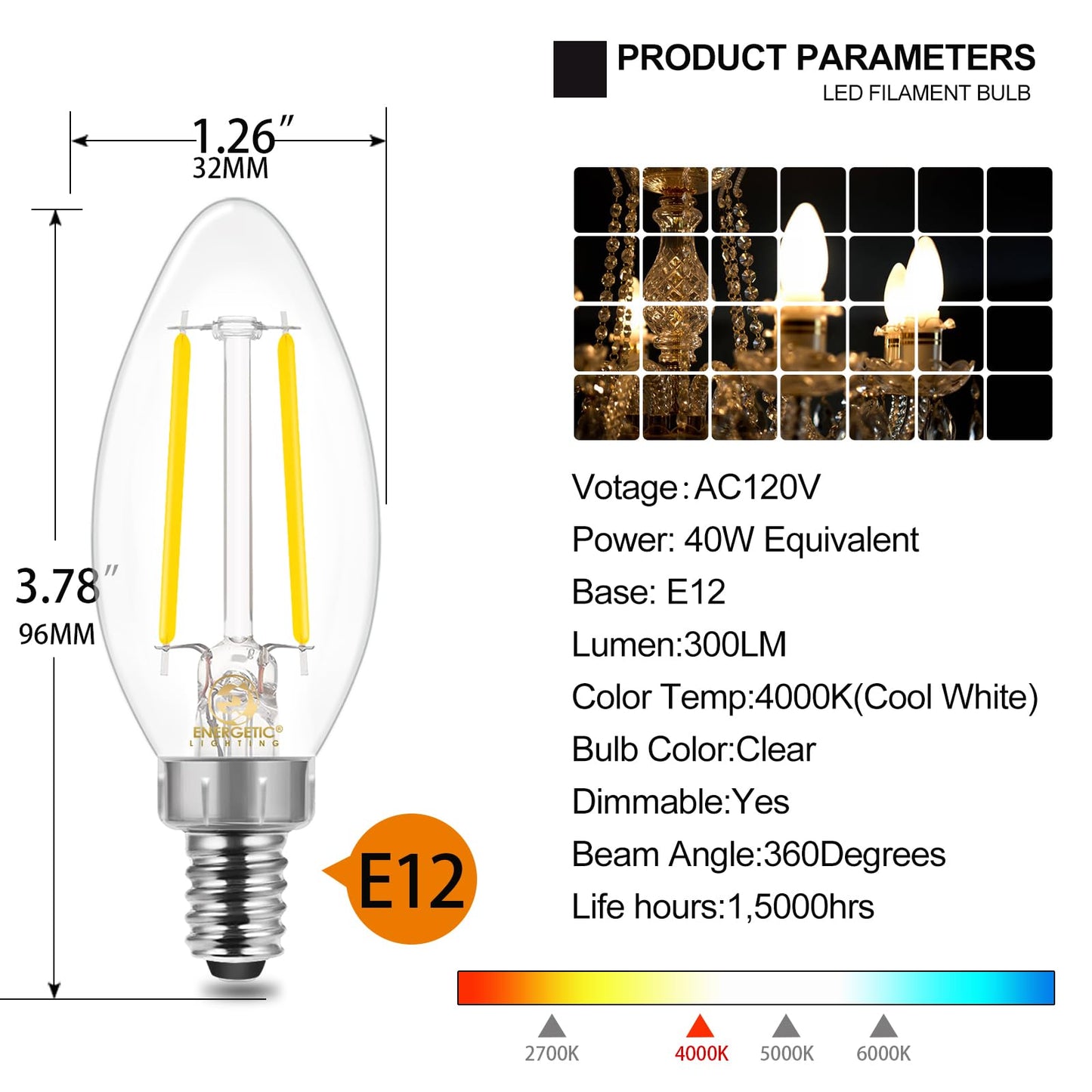Energetic E12 B10 LED Classic Candelabra Clear Light Bulb, 40 Watt Equivalent, Cool White 4000K, Filament Clear Glass, Non-Dimmable, Pack of 24