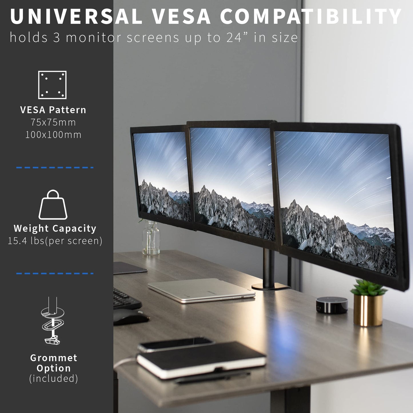 VIVO Triple Monitor Adjustable Desk Mount, Articulating Tri Stand, Holds 3 Screens up to 24 inches, Black, STAND-V003Y