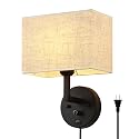 PULLCU Plug in Wall Sconce with Dimmer Switch and USB Port?9.5“Rectangular Linen Fabric Shade?Bedside Wall Lamp Matte Black Finish?Wall Lamp Perfect