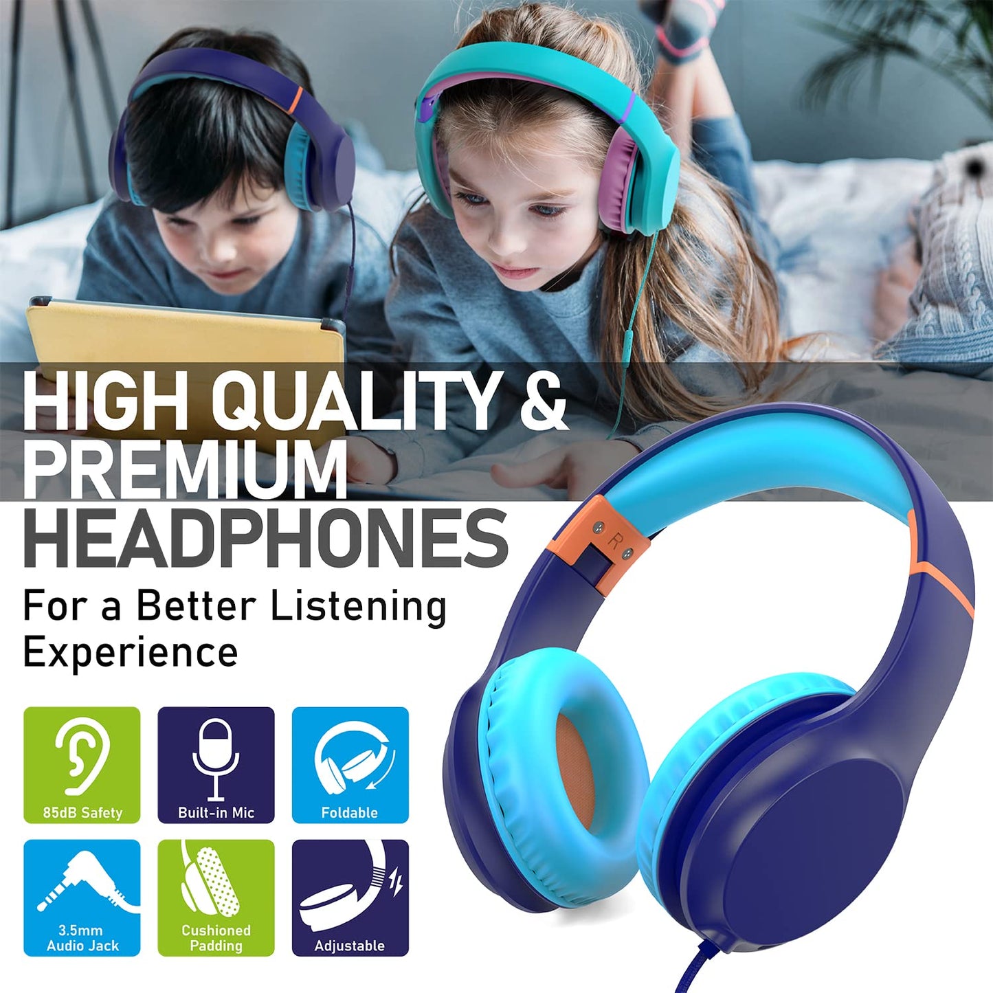 FosPower Kids Headphones with 3.5mm Laced Cables, Children & Teens Over The Ear Foldable Adjustable Headset w/Built-in Mic…