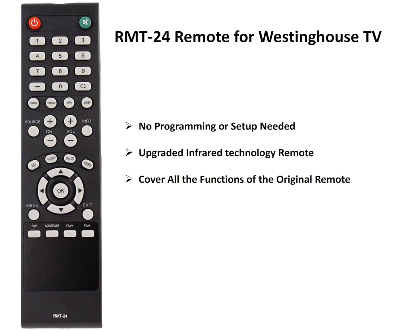 RMT-24 Remote Control for Westinghouse TV DW39F1Y1 DW46F1Y2 DWM48F1Y1C WD32HB1120 Smart TV