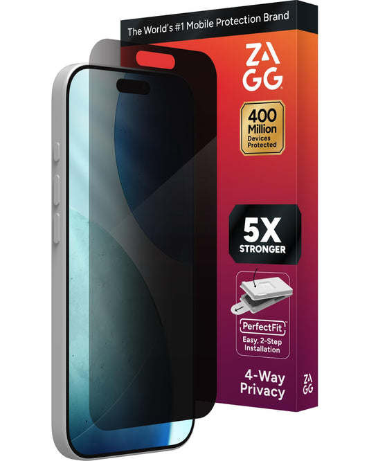 ZAGG Privacy XTR Screen Protector for iPhone 17-4-Way Privacy Full-Screen Filter, 5X Stronger, Fingerprint-Resistant Tempered Glass, Smooth Feel, Easy