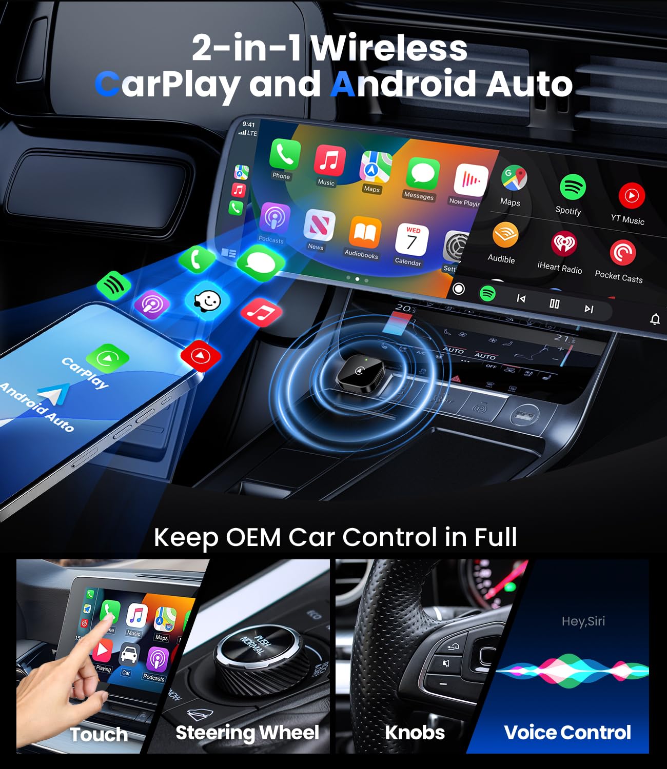 Teeran 2 in 1 Wireless CarPlay and Android Auto Adapter, Easy Setup Plug and Play, Fast Seamless Use Supports 1000+ Cars with Built-in Wired Car