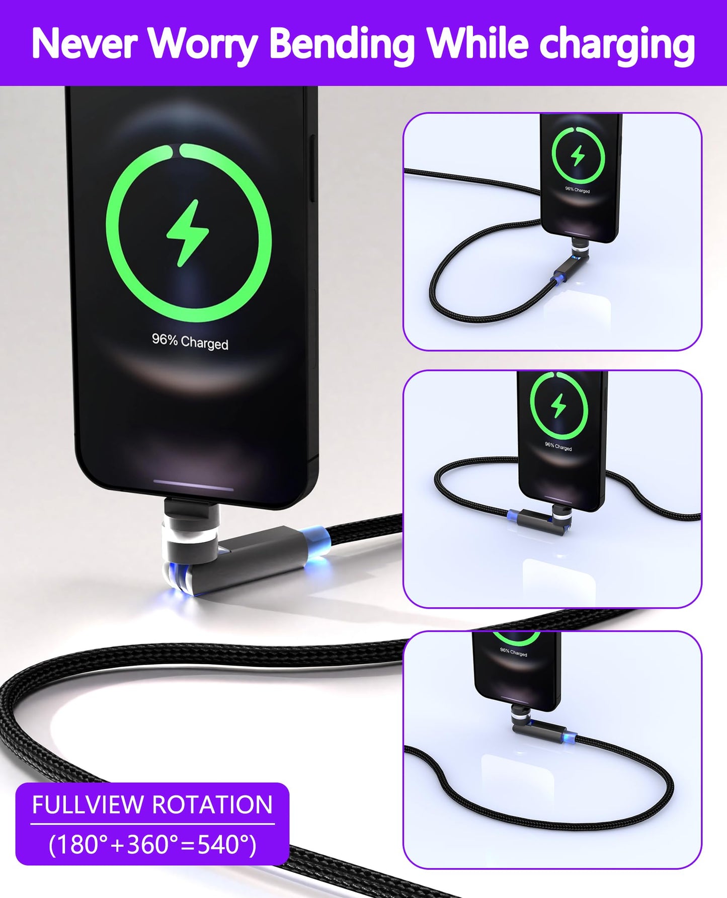 90 Degree iPhone Charger Cable Swivel Cord with 360° Rotating Head - 6.6FT Right Angle Lightning Cable 360° iPhone Cord with MFi, 2.4A Fast Charging…