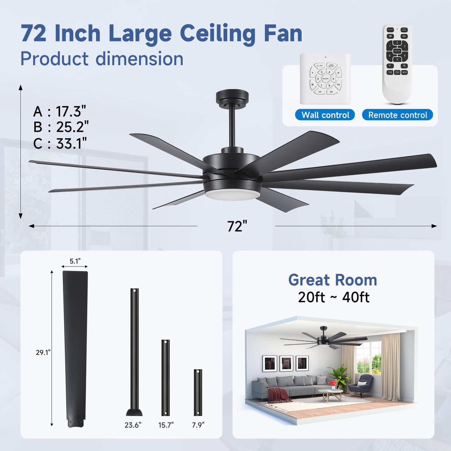 qlodgat 72 Inch Ceiling Fans with Lights, Ceiling Fans with Lights and Remote, Dimmable, Indoor/Outdoor Black Modern Ceiling Fan for Kitchen Living