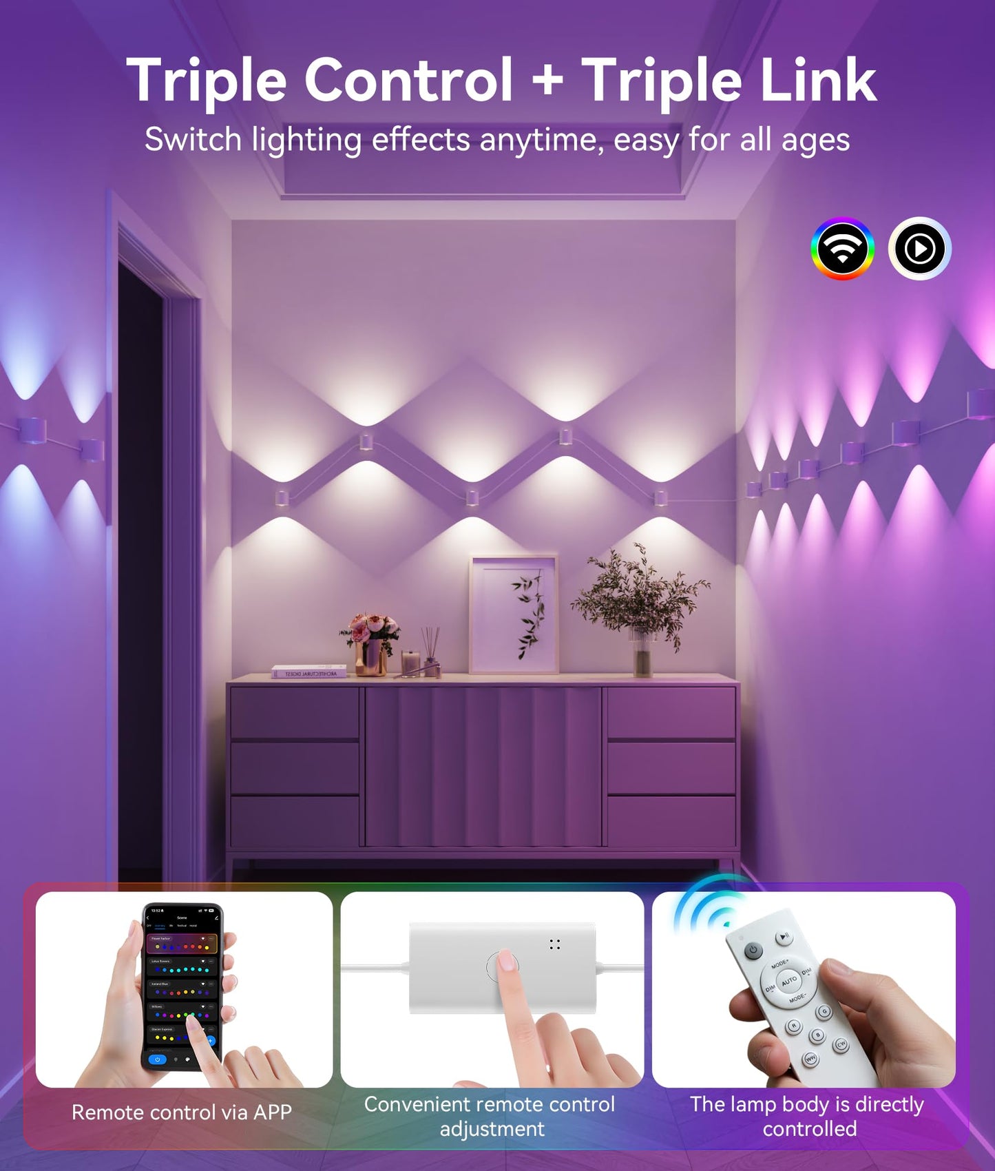 DeckTok 8-Light RGBCW Wall Sconce Light, Up/Down Bedroom Wall Lights, Music Sync, DIY-Styling Color-Changing Wall Lamps for Living Room Party Home