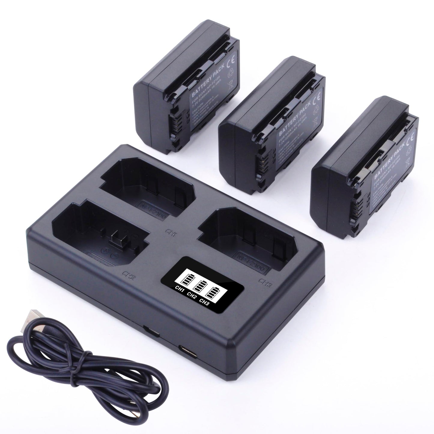 3-Pack NP-FZ100 Battery with Triple Slot LCD Charger for Sony A7iii, A7iv, A7C, FX3, FX30, A9, A6600, A6700, ZV-E1, ZV-E10ii, Alpha 9, Alpha A9 II