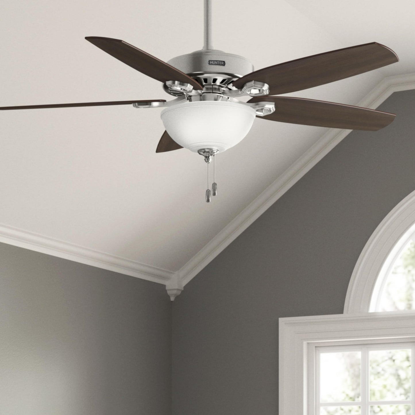 Hunter Fan 52 inch Traditional Brushed Nickel Ceiling Fan with Cased White Glass Light Kit, 5 Blade (Renewed)