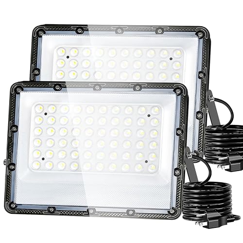 100W Flood Lights Outdoor, 15000lm Bright LED Work Light with Plug, 5000K Daylight White Outdoor Lights, IP65 Waterproof Security Lights for Yard