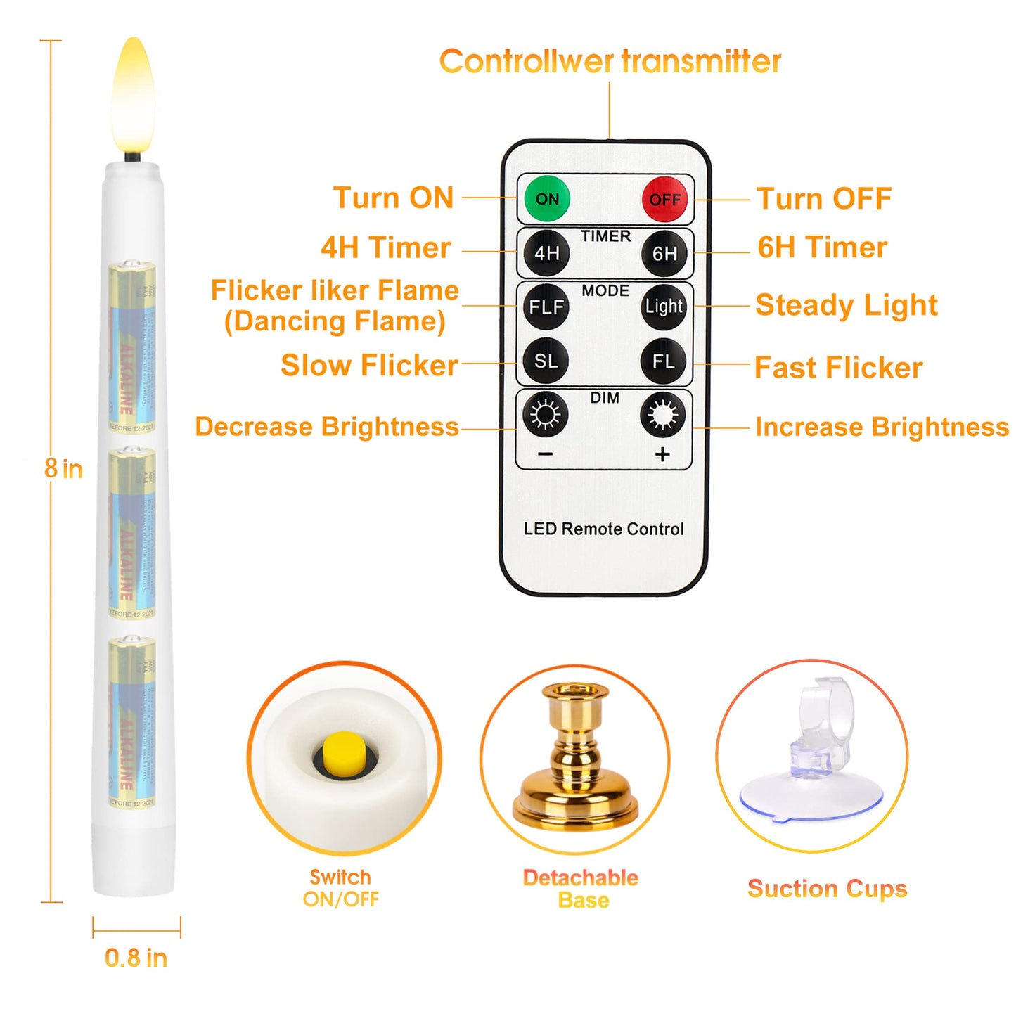 FPOO Flameless Taper Candles Flickering with Remote Timer, 4PCS Battery Operated Window Candles with Gold Candlesticks and Suction Cups, 8 Inch Warm