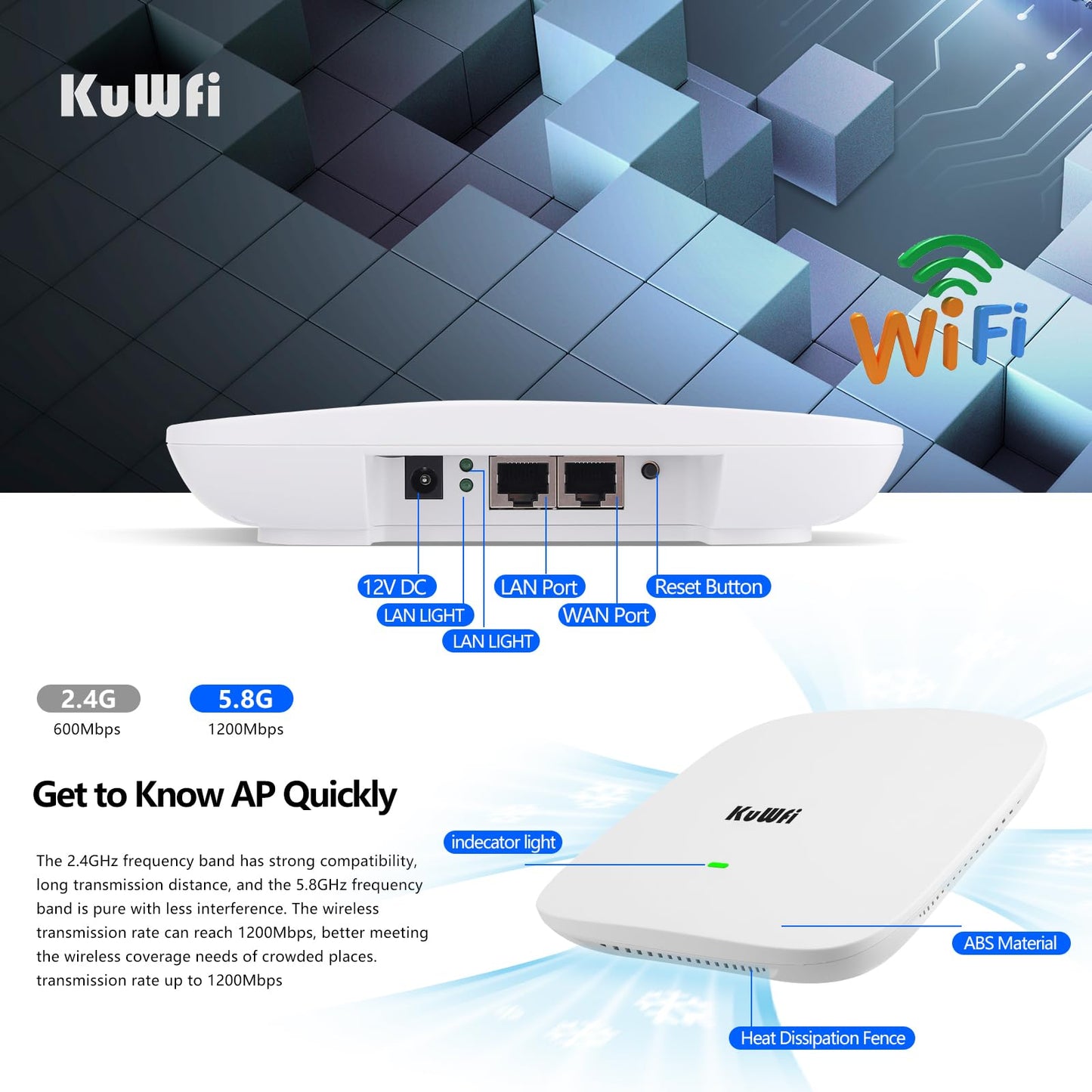 KuWFi WiFi 6 Extender 2.4G&5.8G Long-Range Repeater AX1800 WiFi 6 Indoor Ceiling-Mounted AP Router 48V PoE Powered 1800Mbps High Speed for House