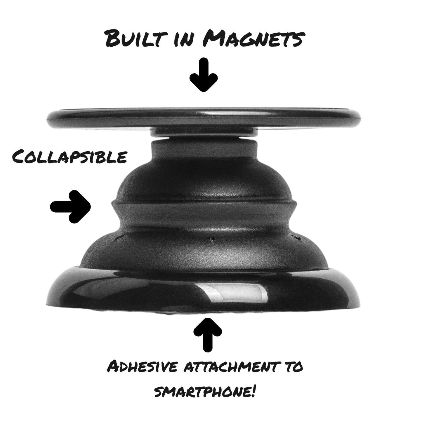 FAB POPS Black Magnetic Phone Grip with Expanding Landscape Kickstand, Strong Adhesive for Smartphones & Mini Tablets, Built-in Magnets + Adhesive