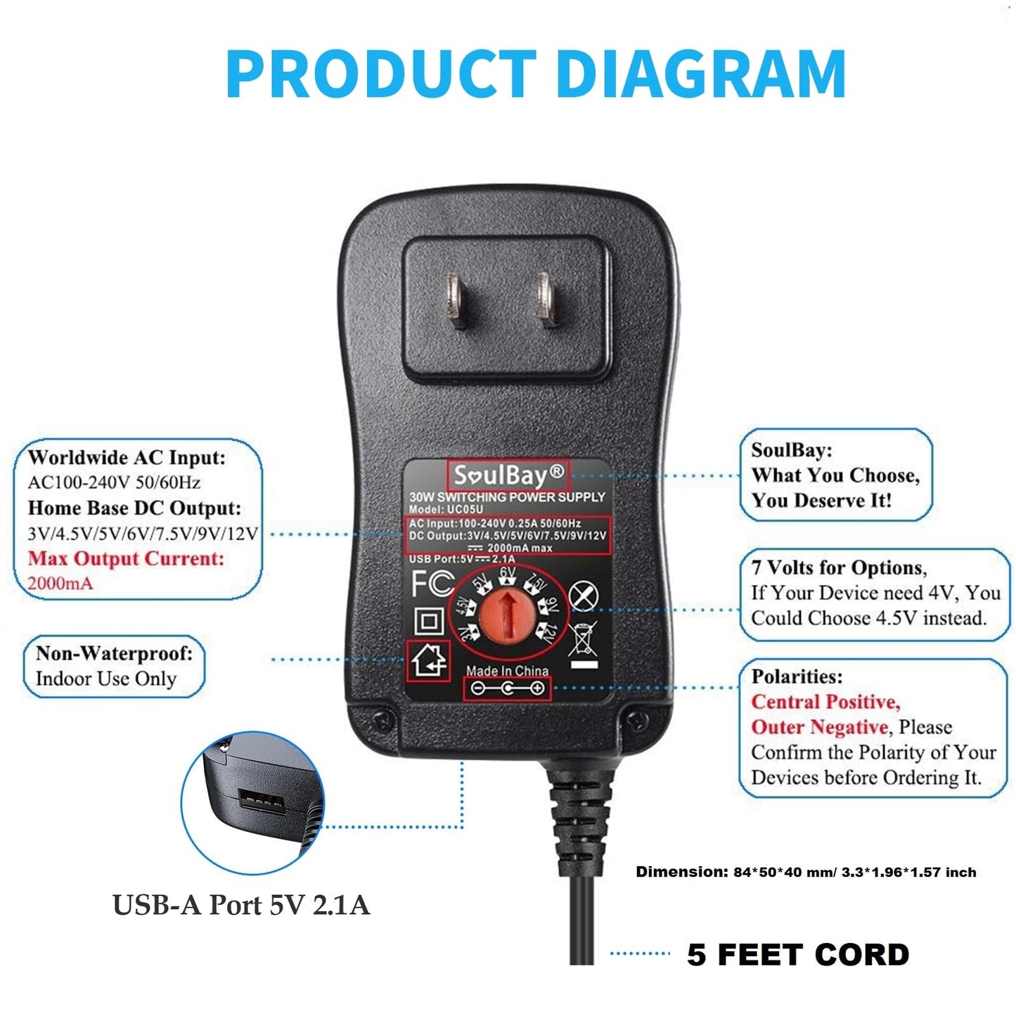 SoulBay 12V Power Supply Universal AC DC Adapter Charger with Adjustable Output 5V 9V 3V 6V 4.5V 7.5V 12 Volt 1A 1.5A 2A for LED Strip Light CCTV…