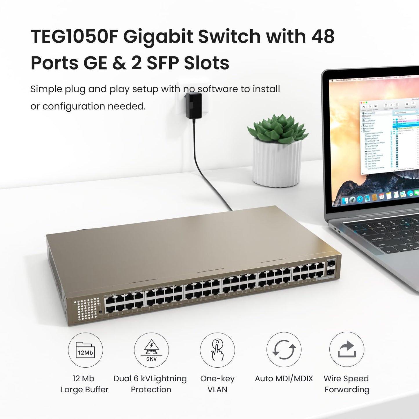 Tenda TEG1050F, 48 Port Gigabit Switch, Unmanaged Ethernet Switch with 48 Gigabit Ports & 2 SFP Slots, Plug & Play, Desktop/ Rack-Mount, Fanless