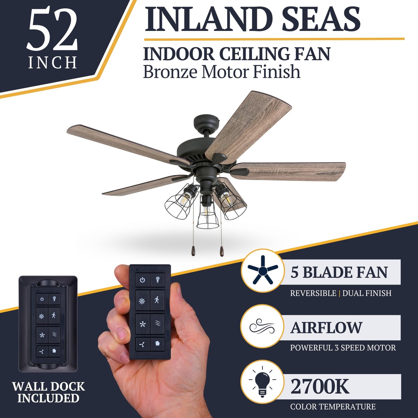 Prominence Home Inland Seas, 52 Inch Industrial Style LED Ceiling Fan with Light, Remote Control, Three Mounting Options, 5 Dual Finish Blades