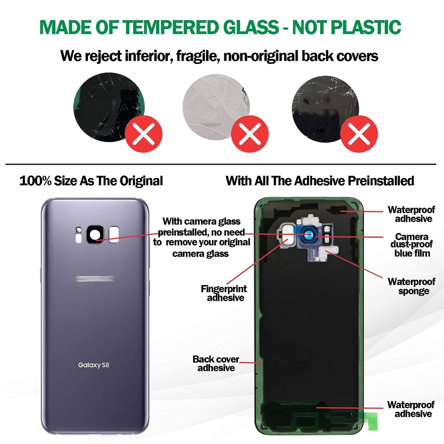 Galaxy S8 Back Glass Cover Replacement Housing Door with Pre-Installed Camera Lens + Installation Manual + Repair Tool Kit for Samsung Galaxy S8