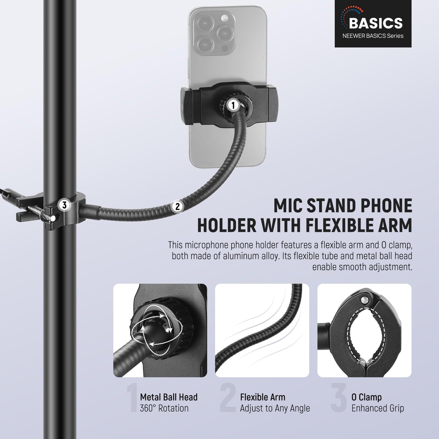 NEEWER BASICS Mic Stand Phone Holder with Flexible Arm, 360° Ball Head Boom Arm Microphone Floor Music Stand Cell Phone Mount Compatible with iPhone